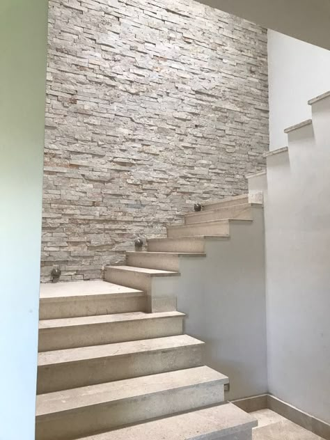 Stone Wall Staircase, Basement Stone Wall, Rock Wall Interior, Stone Cladding Interior, Stone Wall Interior Design, Indoor Stairs, Stairs Wall, Wood Plank Ceiling, Stone Walls Interior