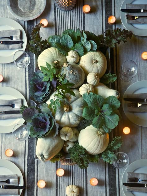 Farmer's Market Tablescapes -The Daily Basics - Cabbage Setting The Table, Pumpkin Centerpieces, Thanksgiving Table Settings, Fall Tablescapes, Thanksgiving Tablescapes, Thanksgiving Centerpieces, Thanksgiving Table Decorations, Fall Decorating Ideas, Table Inspiration