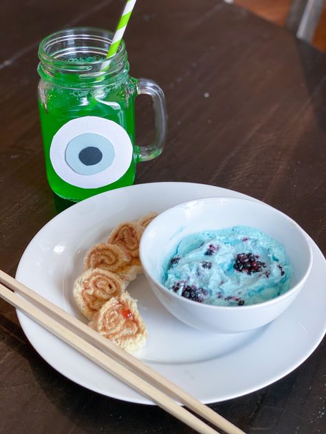 Disney Monster Inc Movie Night Monsters Inc Themed Dinner, Monsters Inc Dinner, Monsters Inc Movie Night, Disney Movie Themed Food, Monsters Inc Food, Movie Night Disney, Disney Nights, Movie Meals, Monsters Inc Movie