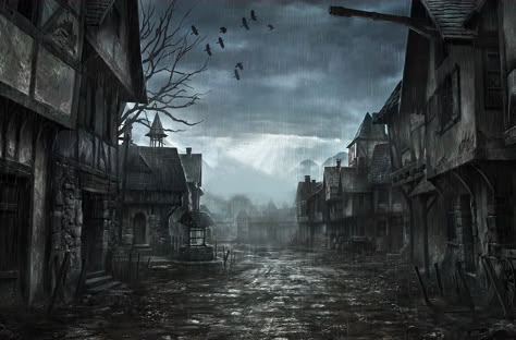 abandoned medieval fantasy town, misty and rainy Vila Medieval, Fantasy Village, Abandoned City, Abandoned Village, Abandoned Town, Bloodborne Art, Fantasy Town, Campaign Ideas, Bg Design