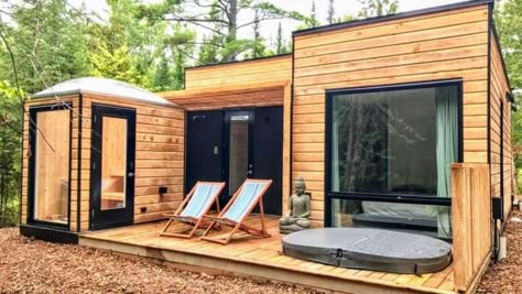 Ireland Houses, Mini Chalet, Sauna Hot Tub, Home Spa Room, Cottage Tiny House, Sauna House, Tiny House Village, Hot Tub Backyard, Sauna Room