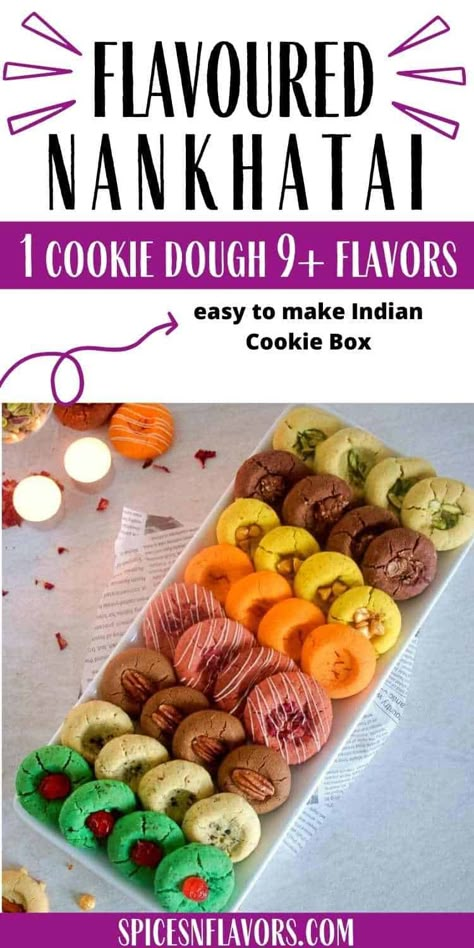 Learn how to make Nankhatai - the Indian Shortbread Cookies. Make 9 types of flavoured Nankhatai or Indian Butter Biscuits using just 1 cookie dough. Perfect Diwali cookie Box idea. Indian Cookie Box is the way to go.. Different Types Of Cookies Recipes, Nankathai Recipe, Indian Cookies Recipe, Indian Mithai Recipes, Burfee Cake, Diwali Biscuits, Nankhatai Recipe Indian, Diwali Cupcakes, Diwali Preparations