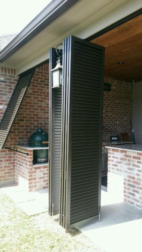 Shutter Wall from Acadian Windows Outdoor Shutters, Shutter Wall, Sliding Shutters, Grill Area, Mobile Home Porch, Back Porch Ideas Covered, Shutters Exterior, Shutter Doors, Small Porches