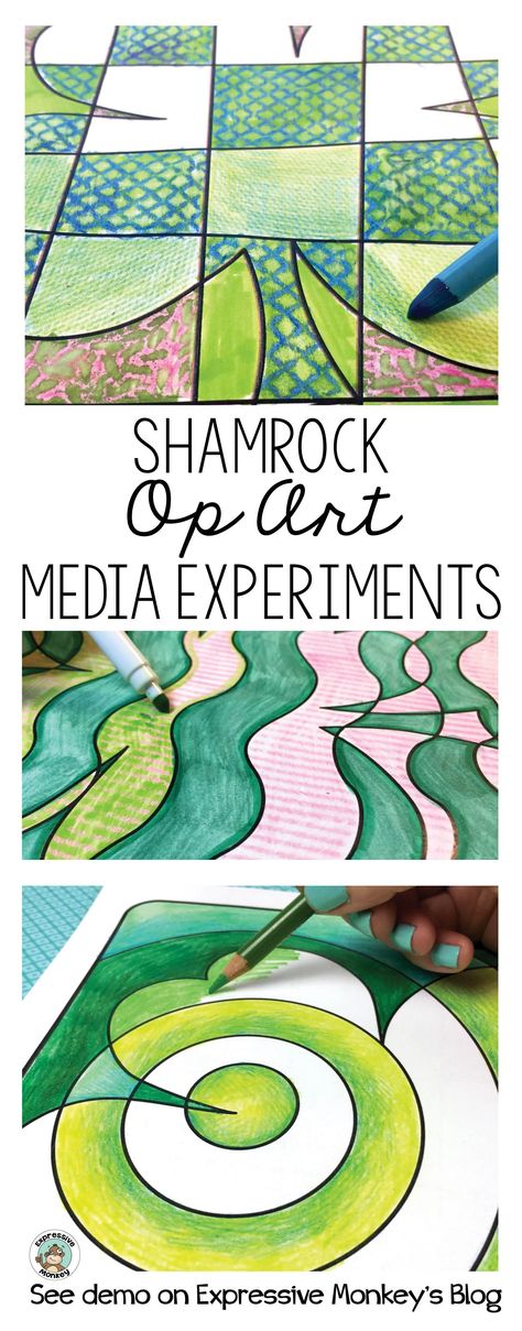 Give kids a chance to experiment with different ways to make green, then use a variety of greens to color in the Op Art Shamrocks.  See the media and techniques I used to create my shamrocks in this blog post. This set of Op Art Shamrock Coloring Pages will rock your St. Patrick's Day! #stpatricksdayart #opartlesson #shamrock #coloringpages #artlessons Art Media Experiments, St Patrick’s Day Elementary Art, St Patrick’s Day Directed Drawing, St Patrick’s Day Art Projects, Shamrock Art Projects For Kids, St Patrick’s Day Art For Kids, St Patricks Day Art For Kids, St Patricks Day Art Projects, March Art Projects