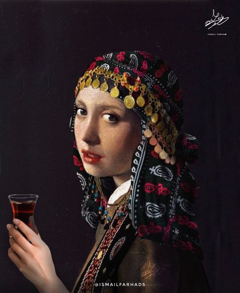 Girl with a Cup Of Tea
I made a kurdish version of one of the most famous artwork Girl with the Pearl Earring by the Dutch Golden age Painter Johannes Varmeer. Kurdish Tea, Kurdish Aesthetic, Kurdish Art, Girl With The Pearl Earring, Girl With Pearl Earring, Iran Pictures, Dutch Golden Age, Graphic Design Ads, Famous Artwork