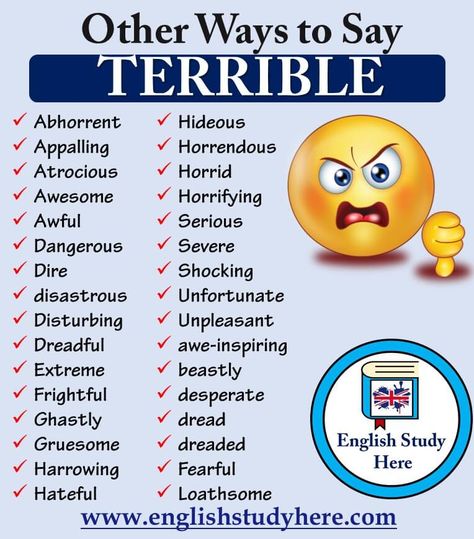 Other Ways to Say TERRIBLE in English Materi Bahasa Jepang, Face Mask Pattern, Other Ways To Say, English Learning Spoken, Essay Writing Skills, Conversational English, Good Vocabulary Words, Mask Pattern, Good Vocabulary