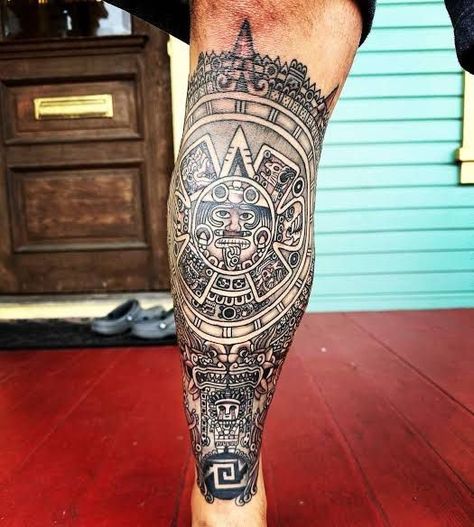 Mexican Tattoo Ideas For Men Aztec Leg, Tattoo Ideas For Men Aztec, Mexican Tattoo Ideas For Men, Mexican Tattoo Ideas, Aztec Sleeve, Aztec Tattoos Sleeve, Tattoos Leg, Painless Tattoo, Mayan Tattoos