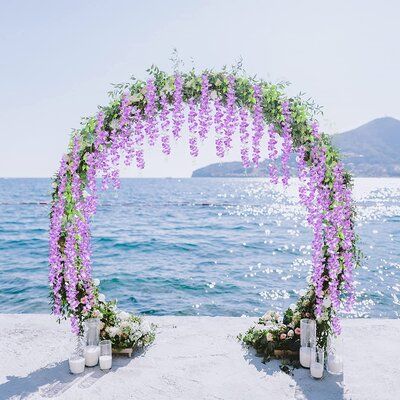 1.【Wisteria Hanging Flowers】:12 x Wisteria garland for backdrop, milk white petal, yellowish pistil.Size:Each vine approx 45 inch/3.67 feet long, per wisteria with 3 branches. Total length approx 44 FT.Natural-looking wedding flowers, Full and soft petals,vivid realistic and lifelike,looked more natural and beautiful Wisteria Wedding Colors, Engagement Decorations Indian, Wisteria Garland, Wedding Walkway, Wisteria Wedding, Wisteria Flower, Arch Ideas, Purple Wisteria, Wedding Backdrop Decorations