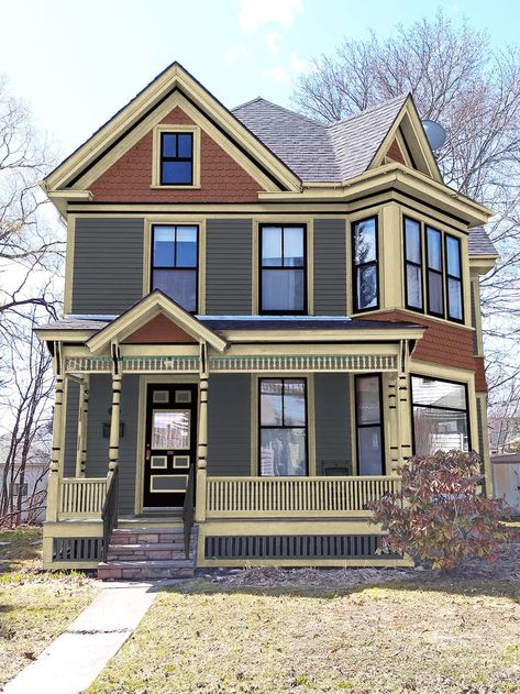 Old House Colors Exterior, Victorian Homes Exterior Colors, Victorian Home Exterior, Studio Exterior, Painted Lady House, Historic Paint Colours, Brick Victorian, Victorian House Colors, Architecture Reference