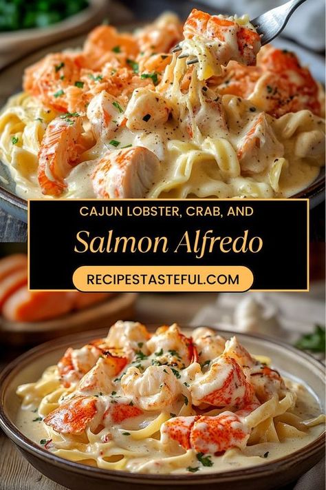 Indulge in this luxurious seafood pasta dish that features tender lobster, succulent crab, and flaky salmon, all tossed in a rich, creamy Cajun Alfredo sauce. This flavorful combination is a dream come true for seafood lovers, making it the perfect choice for a special occasion or an extravagant dinner at home! Trader Joes Lobster Bisque Pasta, Lobster Pieces Recipes, Langostino Lobster Recipes, Pasta With Crab Meat, Lobster Dinner Ideas, Crab Meat Pasta, Cajun Alfredo Sauce, Lobster Mac And Cheese Recipe, Salmon Alfredo