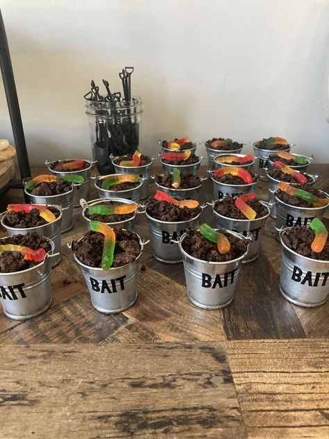 Fishing theme party (Live bait) Fishing Shower Theme, Sweet 16 Fishing Party, Hunting And Fishing Themed Party, Bass Fishing Party, Fishing Bridal Shower Theme, Baby Shower Ideas Fishing Theme, Fish Theme Baby Shower Ideas, Fishing Bachelorette Party, Fishing Themed Baby Shower Ideas