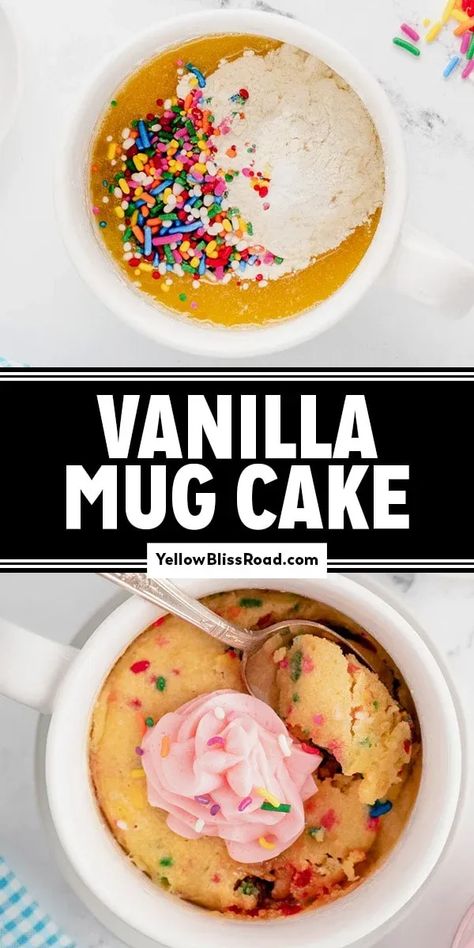 This Vanilla Mug Cake recipe is a perfect single serve dessert, just for you. Light, fluffy vanilla cake with festive sprinkles, baked in the microwave, and ready in only 5 minutes. Breakfast Mug Cake, Vanilla Mug Cake Recipe, Vanilla Mug Cake, Coffe Mug Cake, Fluffy Vanilla Cake, Single Serve Cake, Dessert Light, Vanilla Mug Cakes, Mug Cake Recipe