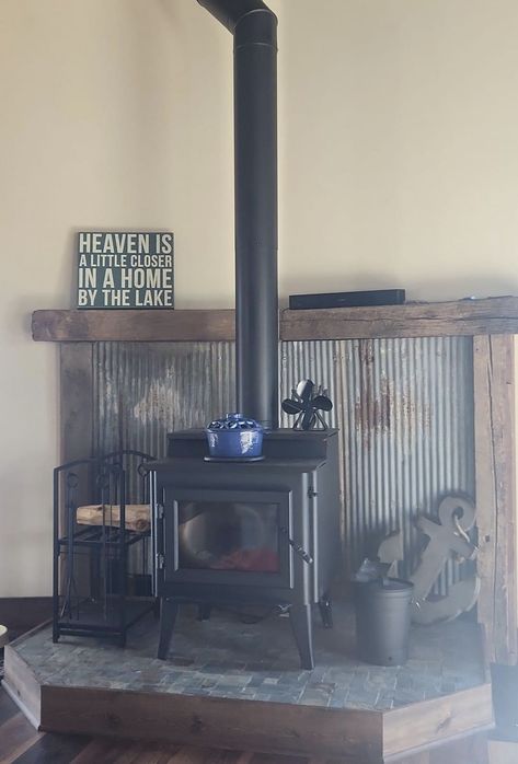 1950 House, Stove Hearth, Wood Stove Hearth, Studio Ideas, Wood Stove, Stove, Shed, Lake, Living Room