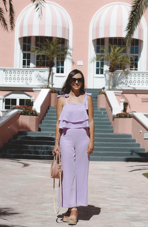 Gianni Bini lavender jumpsuit, Marc Fisher wedges, Celine Catherine sunglasses, Clare V bag Lavender Jumpsuit, Jumpsuit Outfit Wedding, Casual Skirt Outfits, Wedding Jumpsuit, Clare V, Jumpsuit Outfit, Style Inspiration Summer, Marc Fisher, Gianni Bini