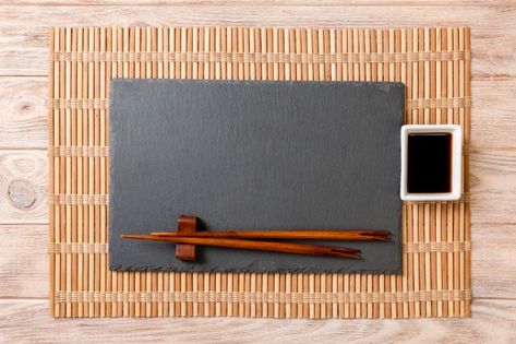 Premium Photo | Empty rectangular black slate plate with chopsticks for sushi and soy sauce on wood Sushi Aesthetic, Menu Sushi, Slate Plate, Empty Plate, Sushi Rolls, Cute Backgrounds, Sashimi, Chopsticks, Premium Photo