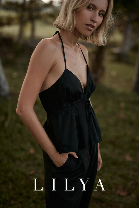 With a playful low neckline , this cotton halter neck top is great for sexy summer. Low Neckline, Summer Skin, Halter Neck Top, Cotton Top, Black Fits, Cotton Tops, Summer Wardrobe, Halter Neck, Playsuit Jumpsuit