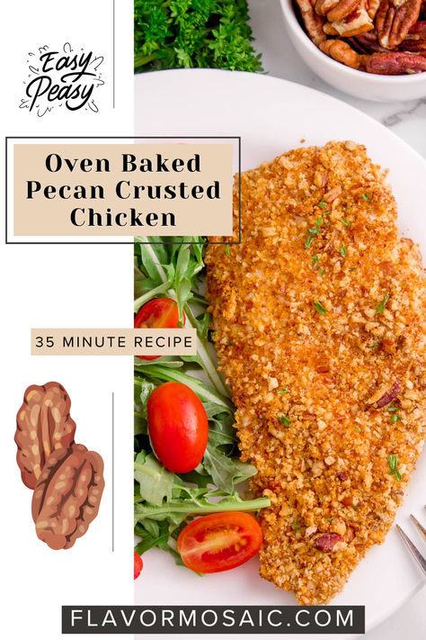 Oven Baked Pecan Crusted Chicken can be prepped, baked and on the table in just 35 minutes. Tender chicken breasts, coated in a crunchy blend of pecans, panko breadcrumbs, and savory spices. This easy chicken recipe is baked to golden perfection, each bite promises a nutty, flavorful experience. Pecan Chicken is easy to make and irresistibly delicious, it’s a perfect dish for any meal. Dive into this crispy, oven-baked delight tonight! Pecan Chicken Tenders, Pecan Chicken Baked, Pecan Chicken Recipes, Pecan Coated Chicken, Baking Chicken Breast In Oven, Pecan Crusted Chicken Tenders, Pretzel Crusted Chicken Baked, Spicy Pecan Crusted Chicken, Baked Pecan Crusted Chicken