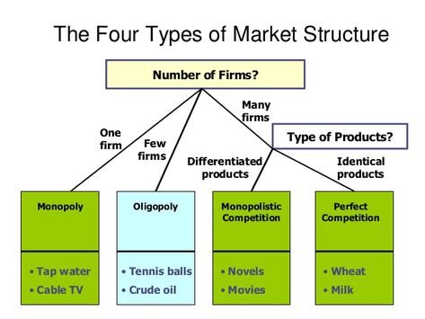 The Four Types of Market StructureMonopoly Oligopoly MonopolisticCompetitionPerfectCompetition• Tap water• Cable TV... Market Structure Economics, Learn Economics, Accounting Notes, Teaching Economics, Micro Economics, Market Structure, Economics Notes, Economic Terms, Financial Literacy Lessons