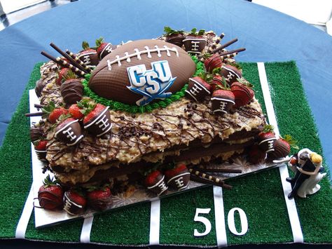 German Chocolate Football Groom's Cake Grooms Cake Ideas Sports, Coconut Pecan Icing, Football Grooms Cake, Grooms Cake Ideas, Strawberries Dipped In Chocolate, Chocolate Grooms Cake, Manly Wedding, Chocolate Cake With Coconut, Heaven Wedding