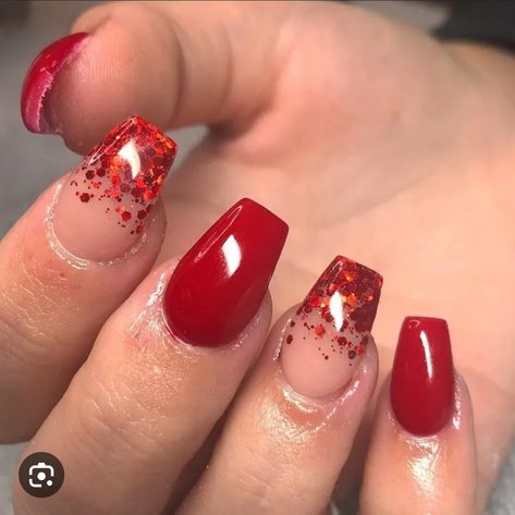 Red Nails Ballerina, Ombre Nails Ballerina, Red Nails For Fall, Fall Ombre Nails, Red Glitter Nails, Cherry Red Nails, Cherry Nail, Nails For Fall, Nails Ballerina