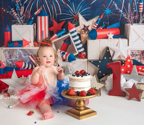 4th Of July Smash Cake Baby, Fourth Of July Smash Cake, Patriotic Photoshoot, Pj Photoshoot, Half Pictures, Patriotic Cake, Fourth Of July Cakes, Smash Cake Girl, 4th Of July Cake