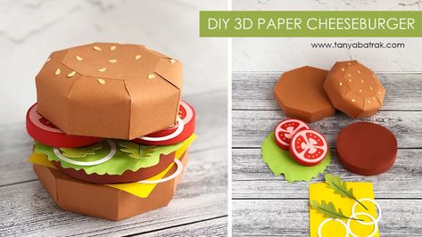 DIY 3D Paper Cheeseburger Giant Paper Flower Tutorial, Craft Burger, Felt Food Diy, Paper Party Decorations, Food Template, Giant Paper Flowers, 3d Paper Crafts, Paper Cake, Paper Flower Tutorial