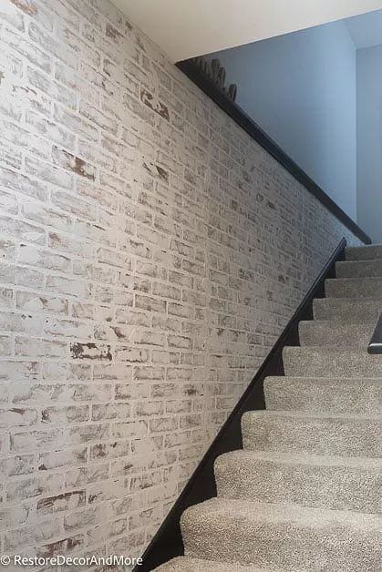 Faux Finish Brick Wall, Faux Brick Walls Bedroom, Brick Paneling Ideas Accent Walls, Fake Brick Wall Panel, Brick Wall Accent, Going Down The Stairs, Fake Brick Wall, Brick Wall Bedroom, Diy Faux Brick Wall