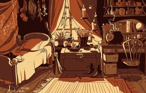 Witches Workshop, Witch Workshop, Witch Bedrooms, Solstice Art, Bedroom Illustration, Witchy Room, Witch Room, Bedroom Drawing, Witch House