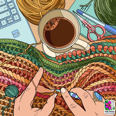 Crochet Illustration Art, Knitting Wallpaper, Knitting Illustration, Crochet Wallpaper, Coffee Artwork, Knitting Quotes, Crochet Placemat Patterns, Gold Art Painting, Vintage Illustration Art