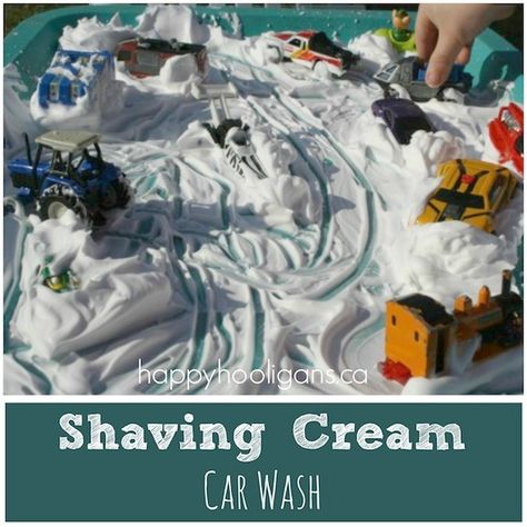 Shaving Cream Car Wash Activity for Preschoolers- Happy Hooligans Toy Car Wash, Cream Car, Car Activities, Happy Hooligans, Transportation Theme, Messy Play, Toddler Fun, Shaving Cream, Sensory Activities