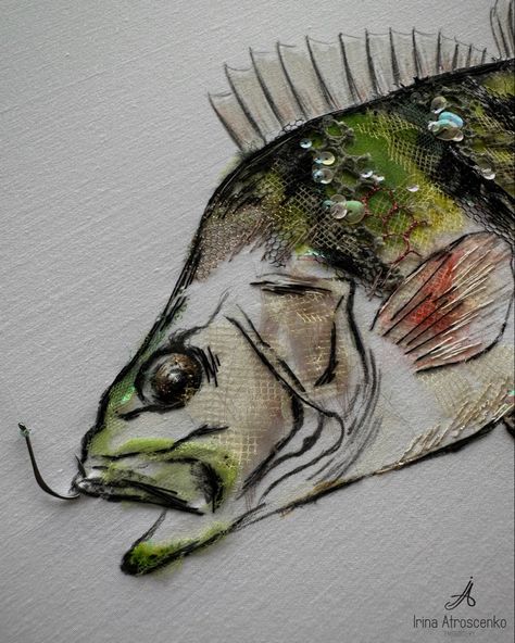 Textile collage embroidery #fish #art #embroidery #collage #textile # Embroidery And Painting Mixed Media, Fish Textiles, Animal Textiles, Food Textiles, Collage Embroidery, Embroidery Collage, Perch Fish, Embroidery Fish, Fish Collage