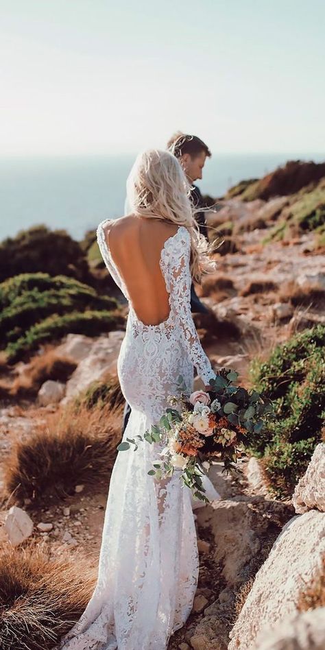 Dimitrius Dalia sexy long sleeve and open back modern bridal gowns #weddingdress Rustic Wedding Dress Lace, Long Sleeve Mermaid Wedding Dress, Stella York, Rustic Wedding Dresses, Lace Wedding Dress Vintage, Top Wedding Dresses, Backless Wedding, Dresses Mermaid, Dresses Cheap