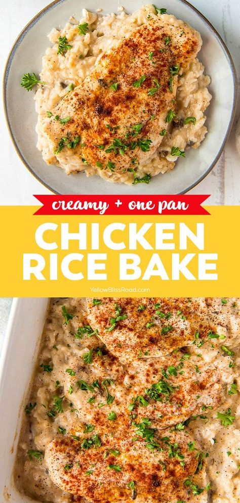 Mushroom Soup Chicken, Rice Mushroom Soup, Rice Bake Recipes, Chicken Rice Bake, Chicken And Rice Dishes, Rice Bake, One Pan Meal, Creamy Chicken And Rice, Easy Chicken And Rice