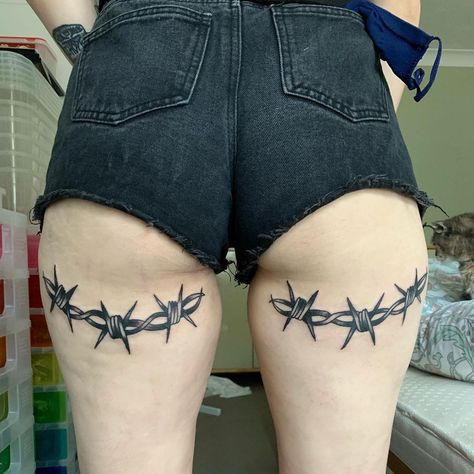 Under Bum Tattoo, Rotten Tattoo, Tattoos Under Buttcheeks, Back Of Thigh Tattoo, Tattoo Lace, Barbed Wire Tattoos, Bum Tattoo, Wicked Tattoos, Creepy Tattoos