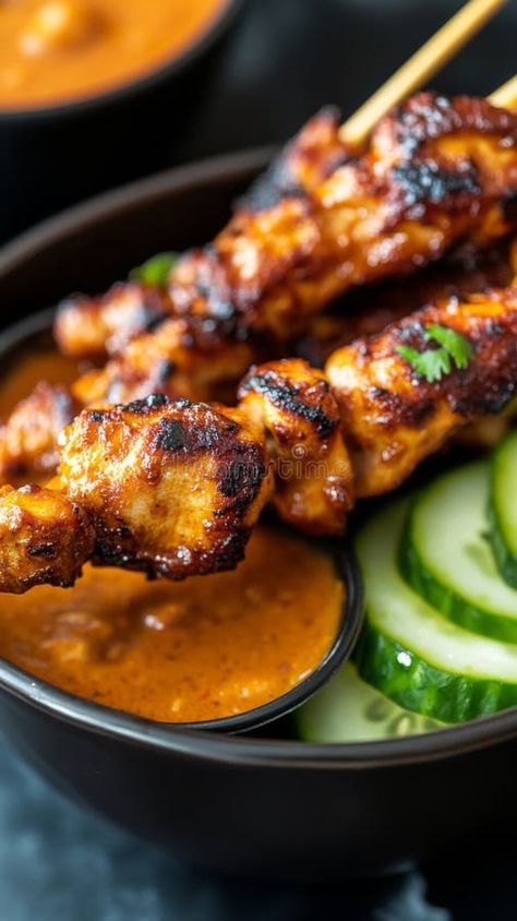 Grilled chicken skewers with satay sauce and cucumber slices stock image Grilled Chicken Legs, Grilled Chicken Skewers, Cucumber Slices, Satay Sauce, Grilled Chicken Thighs, Skewers Grill, Grilled Chicken Salad, Grilling Chicken Breast, Chicken Skewers