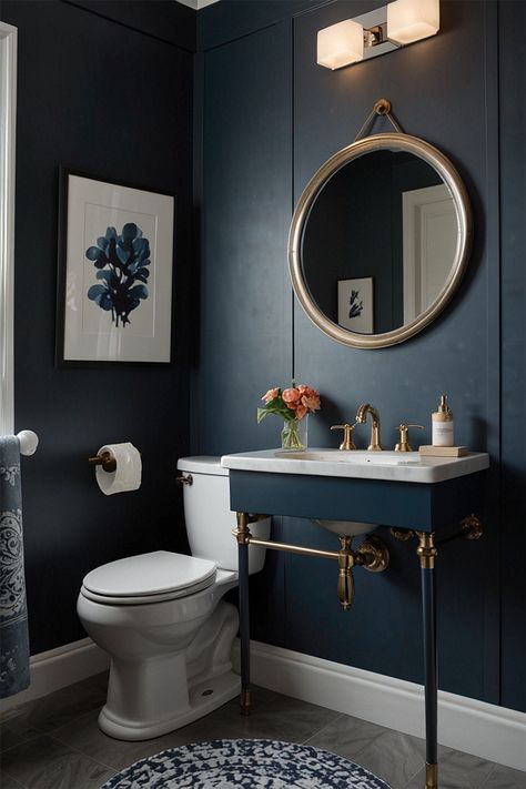 Benjamin Moore Hale Navy Half bathroom Dark Navy Powder Room, Hale Navy Bathroom Walls, Navy Half Bathroom, Dark Blue Powder Room Ideas, Moody Bathroom Paint, Navy Blue Powder Room, Navy Powder Room, Adu Bathroom, Bathroom Paint Color Ideas