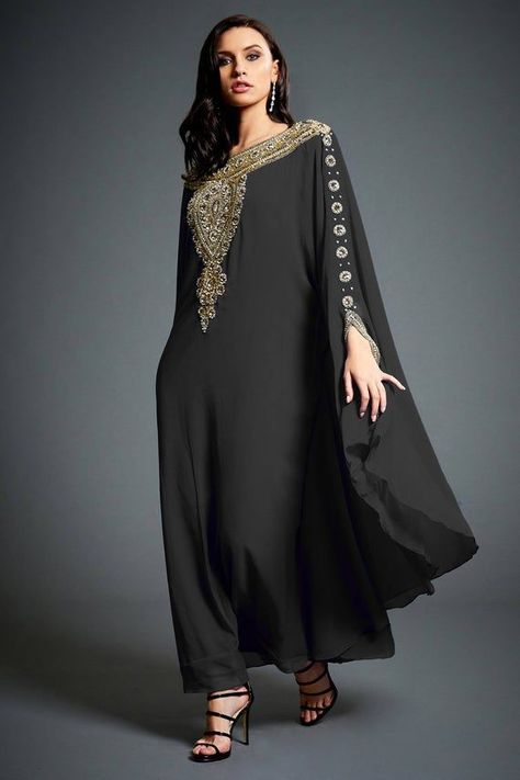 Night Kingdom, Black Kaftan Dress, Arabian Fashion, Short Kaftan Dress, Kaftan Style Dresses, Silver Cocktail Dress, Kaftan Dresses, Kaftan Designs, Kaftan Style