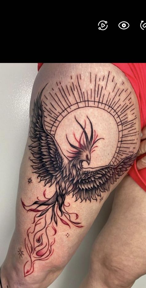 Black And Red Phoenix Tattoo, Ornamental Phoenix Tattoo, Phoenix Tattoo Traditional, Phoenix Tattoo Thigh, Red Phoenix Tattoo, Phoenix Thigh Tattoo, Traditional Phoenix Tattoo, Black Phoenix Tattoo, Dragon Thigh Tattoo