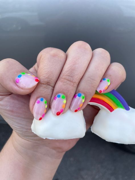 Nails that are in rainbow color dots Nails For Pride, Rainbow Pride Nails, Pride Nail, Teacher Nails, Nail Almond, Pride Nails, Rainbow Nail Art, Nail Goals, Uñas Acrilicas