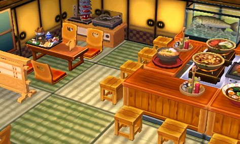 Animal Crossing Japanese Restaurant, Animal Crossing Japanese, Zen Restaurant, Acnl Paths, Animal Crossing 3ds, Animal Crossing New Leaf, Happy Home Designer, Tasty Dinner, Animal Crossing Qr