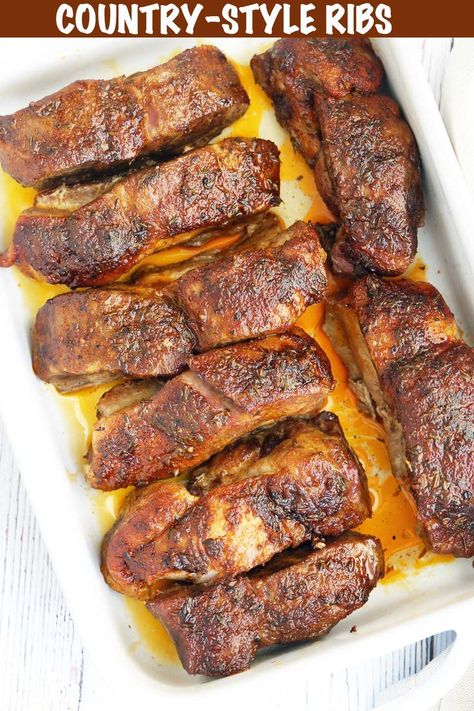 These oven-baked country-style ribs are so meaty and tender! The fat melts into them as they cook, then beautifully browns under the broiler. Country Ribs Oven, Slow Cook Pork Ribs, Beef Country Style Ribs, Baked Country Style Ribs, Boneless Country Style Ribs, Country Ribs Recipe, Boneless Country Style Pork Ribs, Oven Pork Ribs, Country Pork Ribs