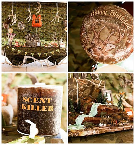 Kara's Party Ideas Hunting Themed Birthday Party Bow Hunting Birthday Party, Camo Sweet 16 Party Ideas, Hunting And Fishing Theme Party, Hunting Birthday Party Ideas For Men, Hunting Birthday Food Ideas, Hunter Themed Birthday Party, First Birthday Hunting Theme, Hunting Party Ideas, Hunting Birthday Party Ideas