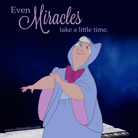 Even miracles take a little time. -The Fairy Godmother Tangled Quotes, Quotes To Make Your Day, Life Quotes Disney, Best Disney Quotes, Cinderella Fairy Godmother, Pinocchio Disney, Dreamworks Characters, Bambi Disney, Alice And Wonderland Quotes