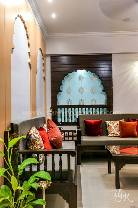 Maharashtrian Style Interior Design | Room aesthetic, Interior design,  Yellow and grey cushions Indian Theme Interior Design, Design Room Aesthetic, Indian Drawing Room, Theme Interior Design, Interior Design Yellow, Drawing Area, Indian Interior Design, Bedroom Built In Wardrobe, Indian Living Room