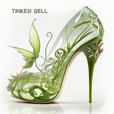 I imagined Disney characters as heels. Nature Inspired Shoes, Enchanted Forest Heels, Forest Heels, Fantasy Shoes Heels, Water Heels, Fantasy High Heels, Nature Heels, Weird Heels, Fairytale Heels