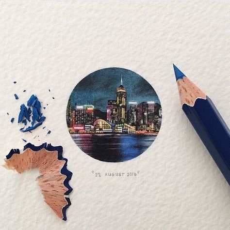 Hong Kong’s Victoria Harbour. Tiny Miniature Mixed Media Animals and Architecture. By Lorraine Loots. X Lorraine, Scenery Watercolor, Colored Pencil Drawings, Prismacolor Art, Victoria Harbour, Circle Art, Coloured Pencils, Color Pencil Art, Ink Illustrations