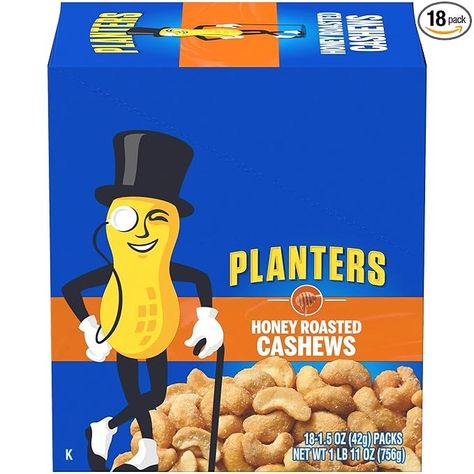 Amazon.com : Planters Honey Roasted & Salted Cashews, 1.5 Ounce (Pack of 18) : Snack Cashews : Grocery & Gourmet Food Smoked Almonds, Bulk Snacks, Planters Peanuts, Honey Roasted Peanuts, Guilt Free Snacks, Movie Snacks, Roasted Cashews, Snack Packs, Honey Roasted