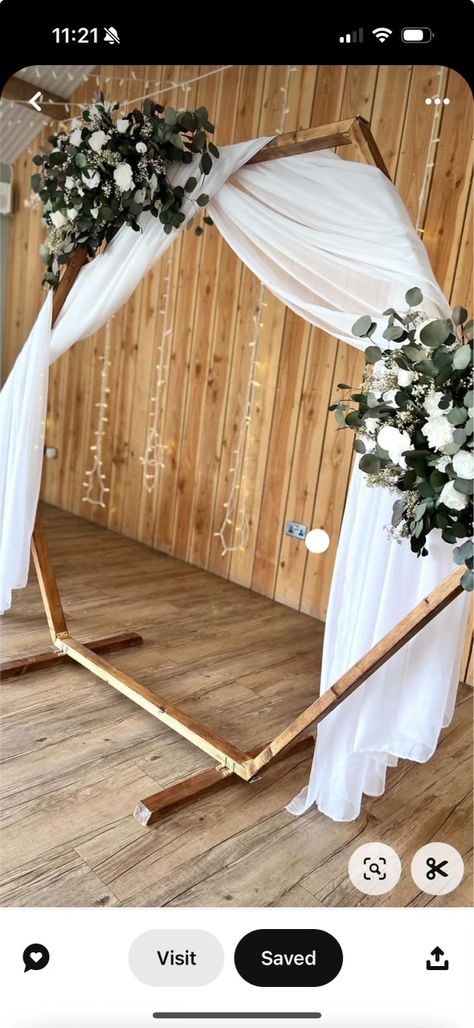 Hexagon Wedding Arch With Fairy Lights, Wedding Wooden Decorations, Hexagon Wedding Arch Terracotta, Wedding Arches Hexagon, Hexagon Arch Fall Wedding, We Still Do Wedding Ideas, Wooden Octagon Wedding Arch, Wood Octagon Wedding Backdrop, Hexagon Alter Decor