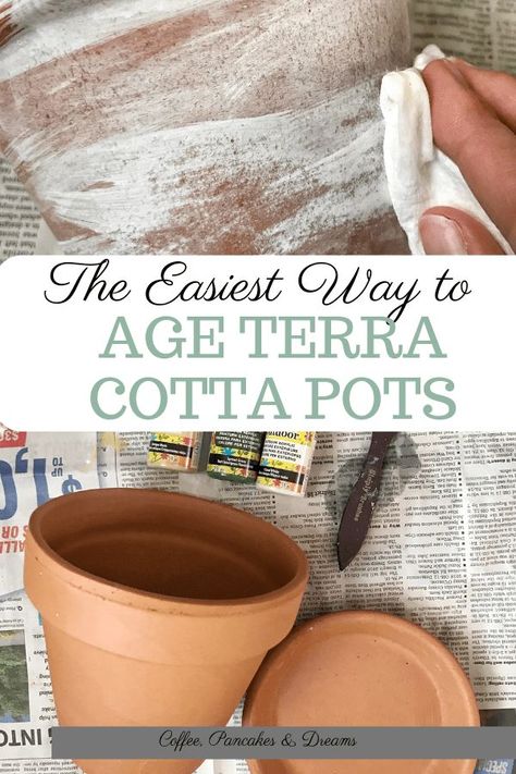 DIY Aged Terra Cotta Pots Aged Terra Cotta Pots, Antique Terra Cotta Pots, Coffee Pancakes, Aging Terra Cotta Pots, Diy Terra Cotta Pots, Pots Diy, Rustic Pots, Pot Organization, Terra Cotta Pots