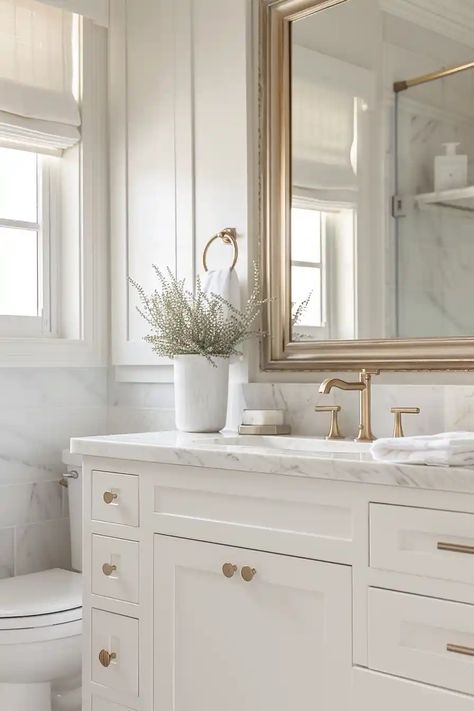 1950 Bathroom Remodel, Accessible Beige Bathroom, Small Half Bathroom, Small White Bathrooms, White Bathroom Ideas, Modern Fixtures, Condo Bathroom, White Marble Bathrooms, Spa Inspired Bathroom